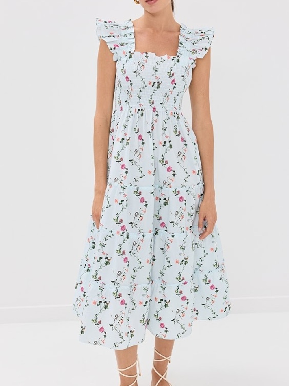 Hill House Blue and White Smocked Midi Dress with Ruffle Shoulders